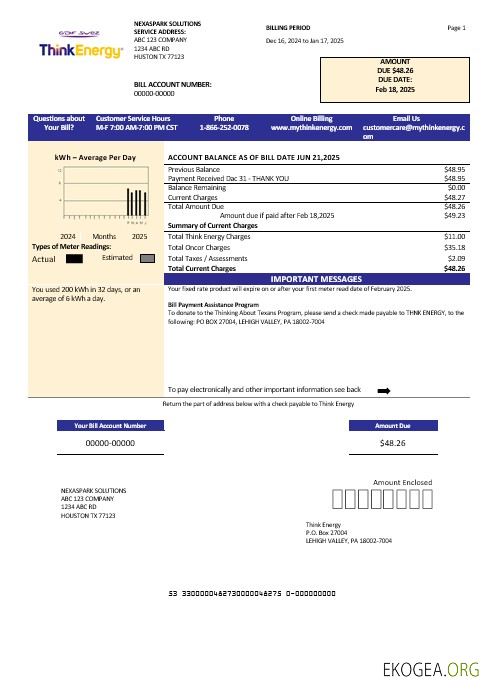 Modèle de facture de services publics pour les entreprises USA Think Energy aux formats Word et PDF